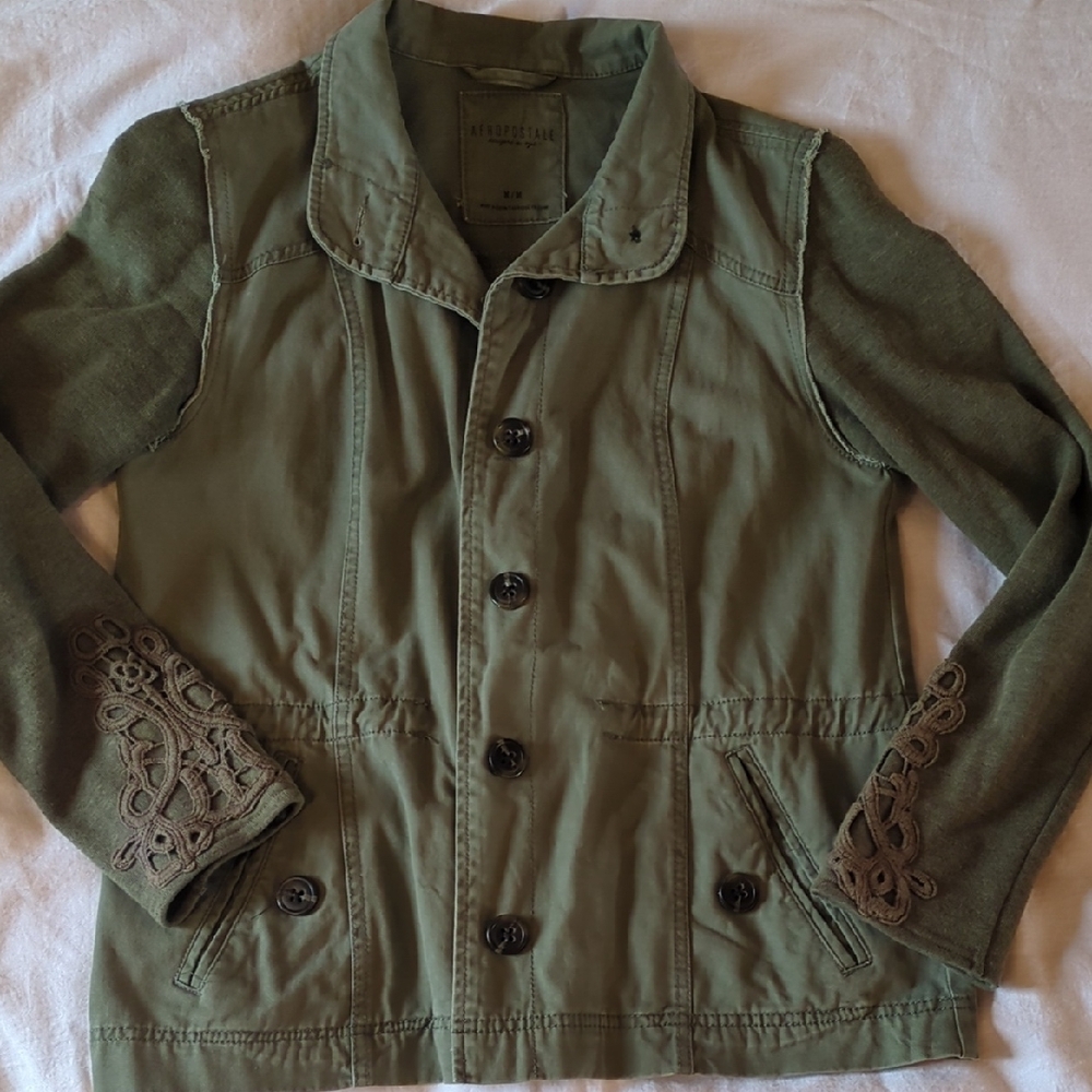 Green Military Style Jacket with Embroidered Sleeves